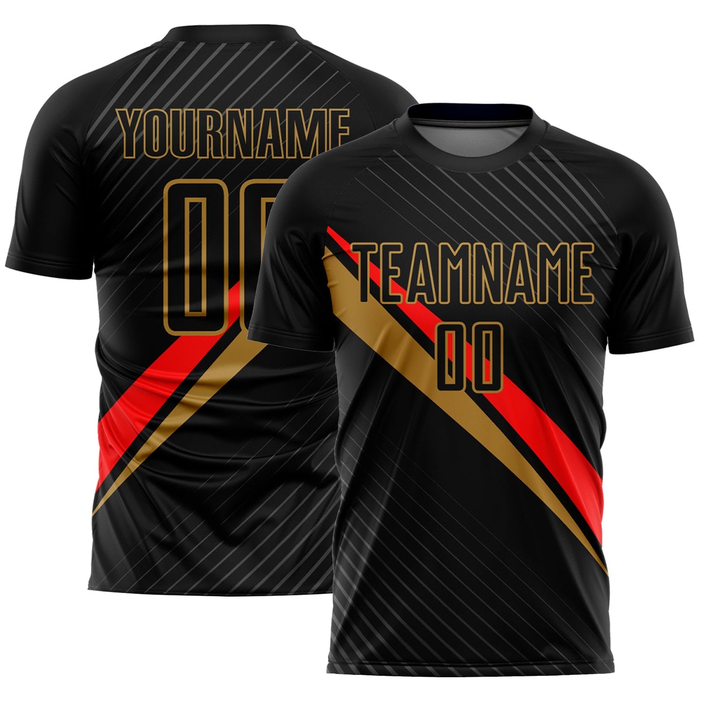 Camiseta de fútbol personalizada con sublimación de líneas diagonales en negro, rojo y dorado antiguo