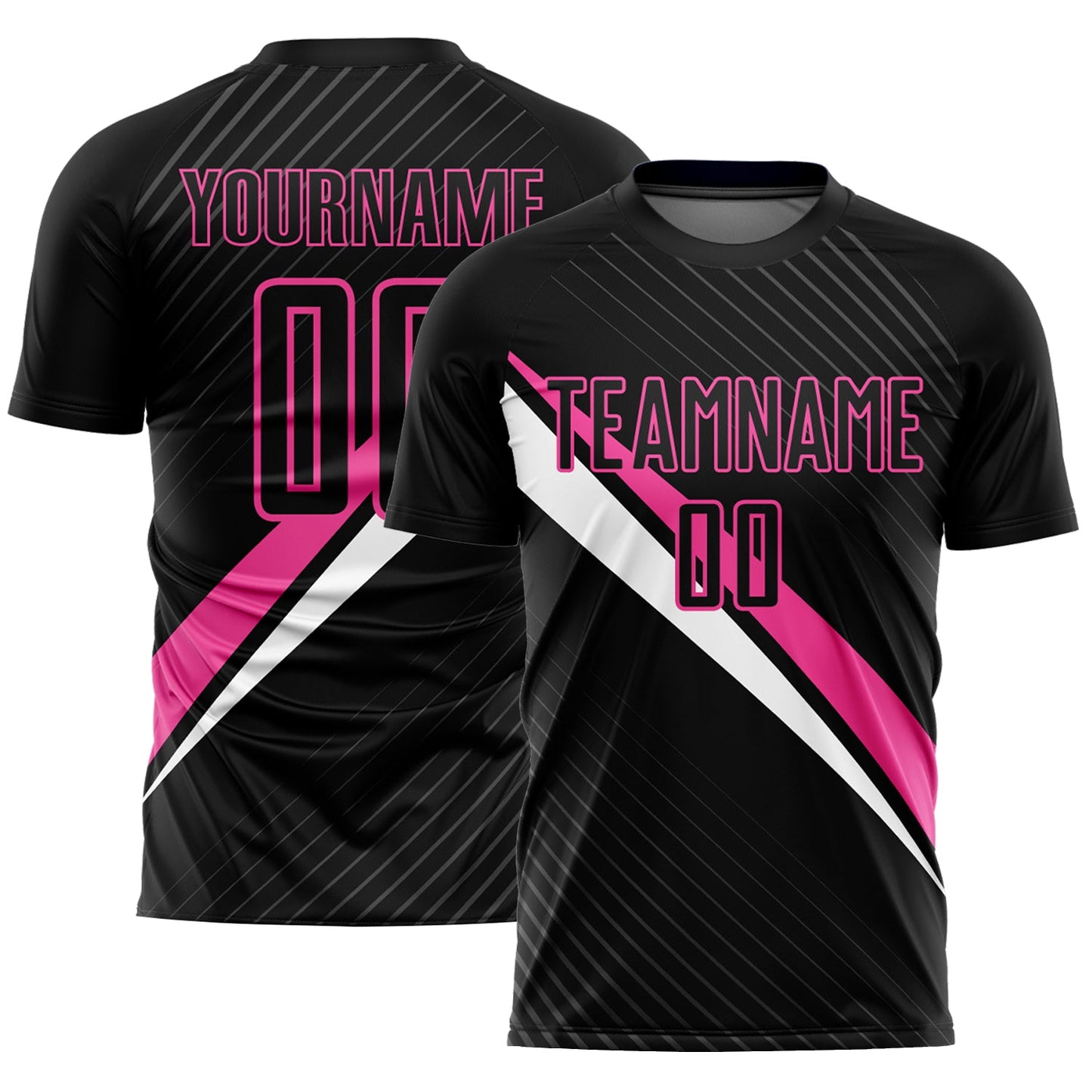 Camiseta de fútbol personalizada con sublimación de líneas diagonales en negro, rosa y blanco