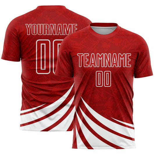 Camiseta de fútbol personalizada con sublimación de formas de viento, roja y blanca