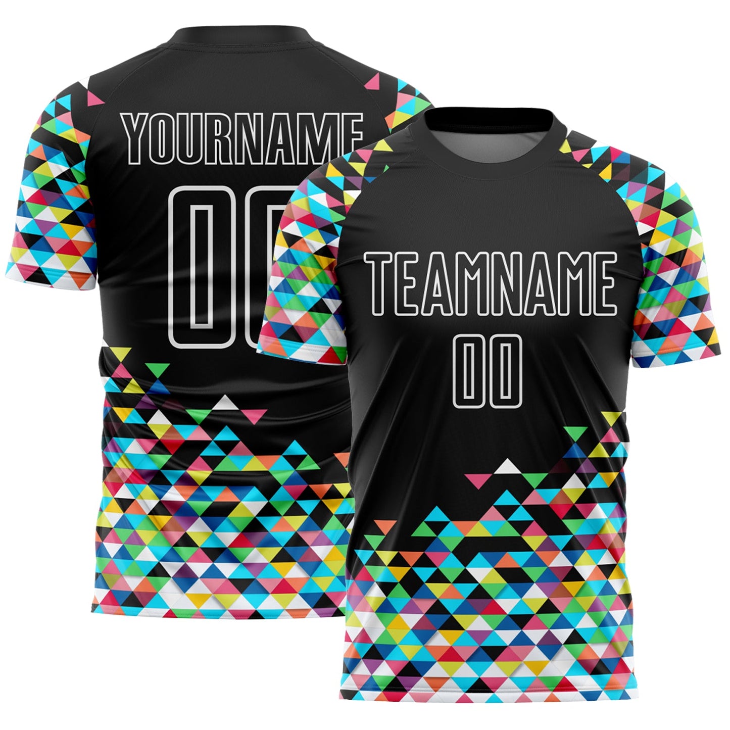 Camiseta de fútbol personalizada con sublimación de triángulos geométricos coloridos, en blanco y negro