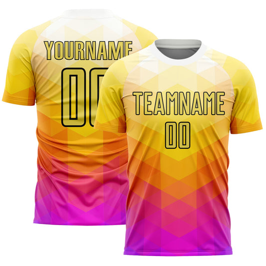 Camiseta de fútbol personalizada con sublimación de formas geométricas en amarillo, rosa intenso y negro