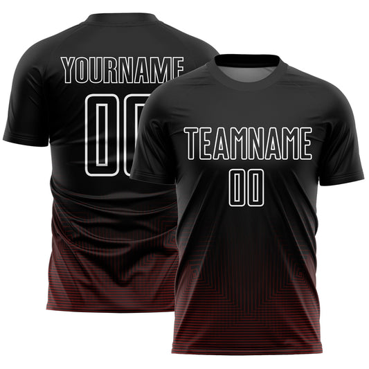 Camiseta de fútbol personalizada con sublimación de líneas geométricas negras, rojas y blancas