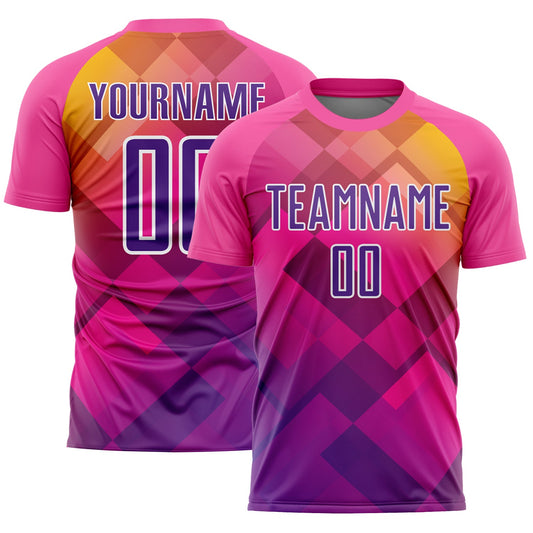Camiseta de fútbol personalizada con sublimación de formas geométricas en rosa, morado y blanco