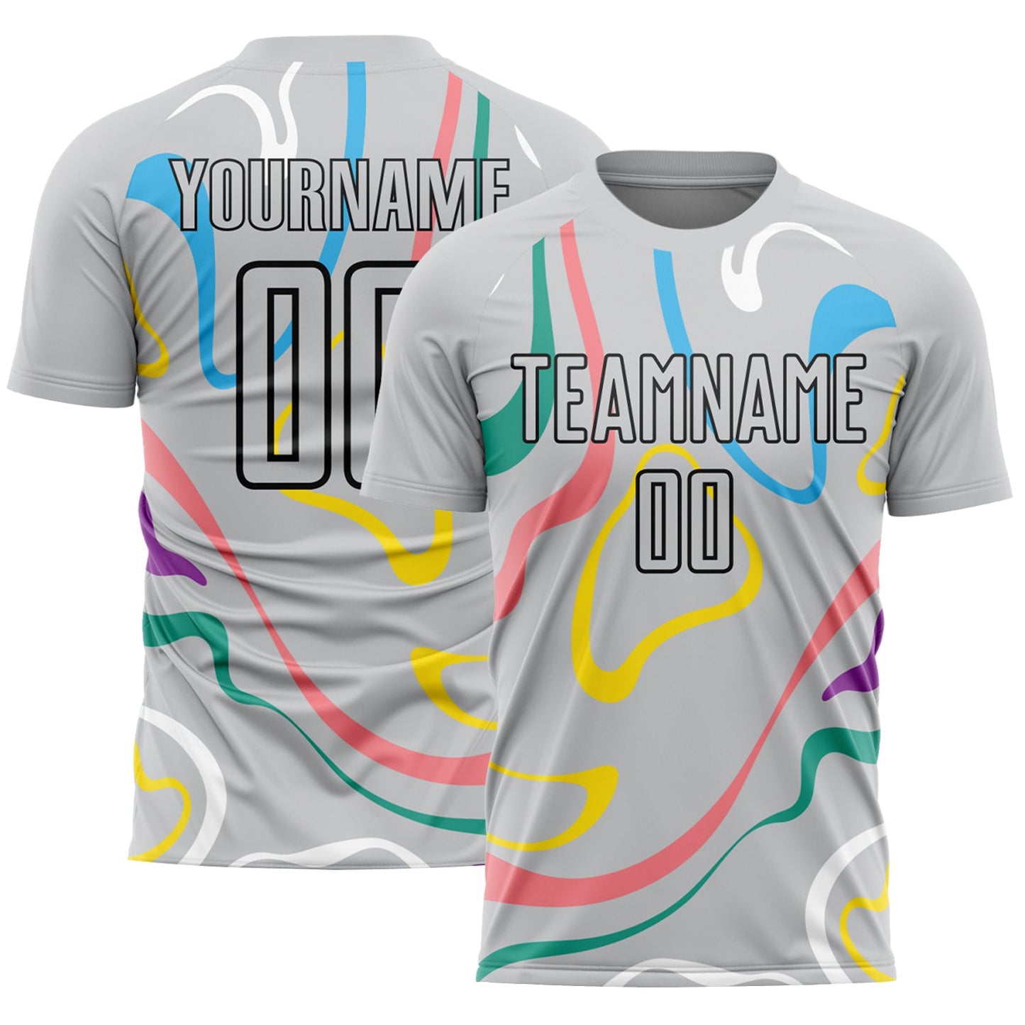 Camiseta de fútbol personalizada con sublimación de formas fluidas en gris y negro