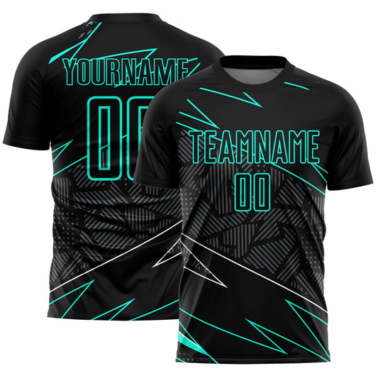 Camiseta de fútbol personalizada con sublimación de líneas Aqua negras