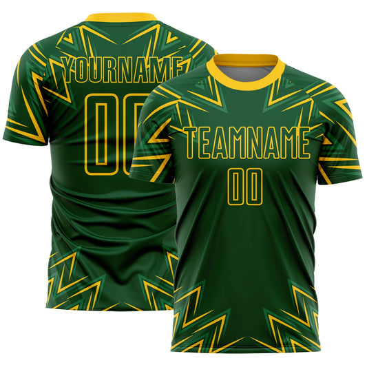 Camiseta de fútbol personalizada con sublimación de formas geométricas en verde y amarillo