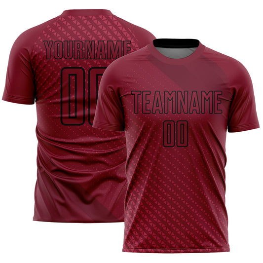 Camiseta de fútbol personalizada con sublimación de formas geométricas en negro carmesí