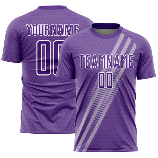 Camiseta de fútbol personalizada con sublimación de líneas diagonales moradas y blancas
