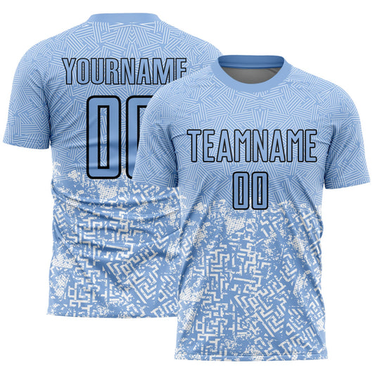 Camiseta de fútbol personalizada con sublimación de formas geométricas en azul claro y negro