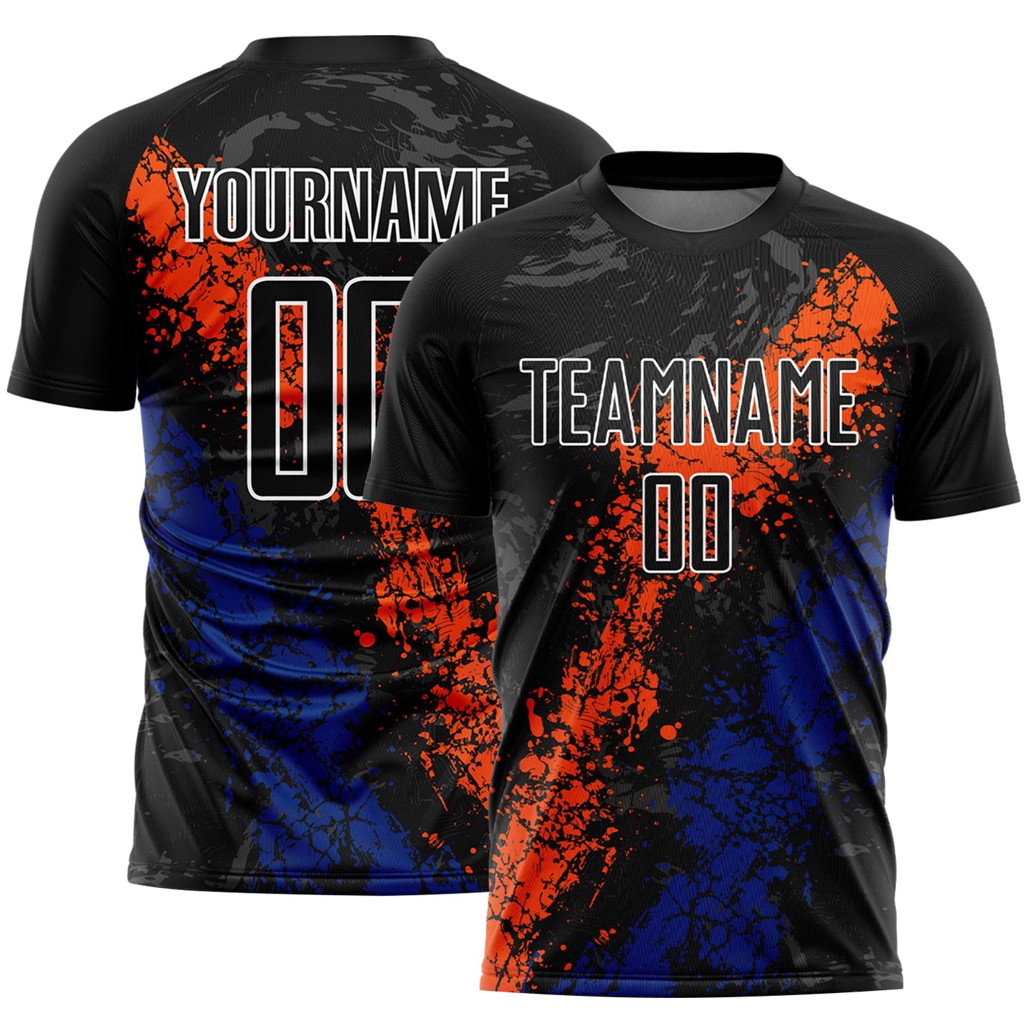 Camiseta de fútbol personalizada con sublimación de arte salpicado en negro, naranja y azul real