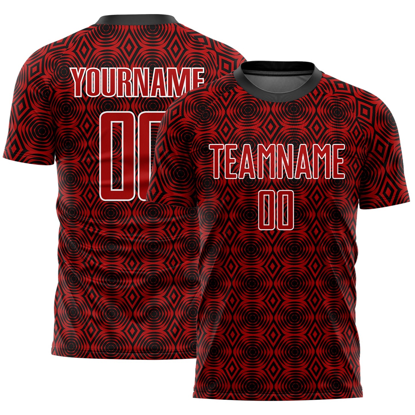 Camiseta de fútbol personalizada con sublimación de formas geométricas en rojo, negro y blanco
