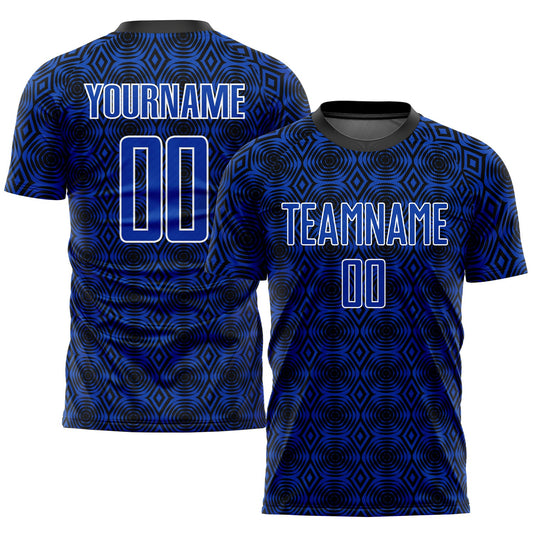 Camiseta de fútbol personalizada con sublimación de formas geométricas en azul trueno, blanco y negro