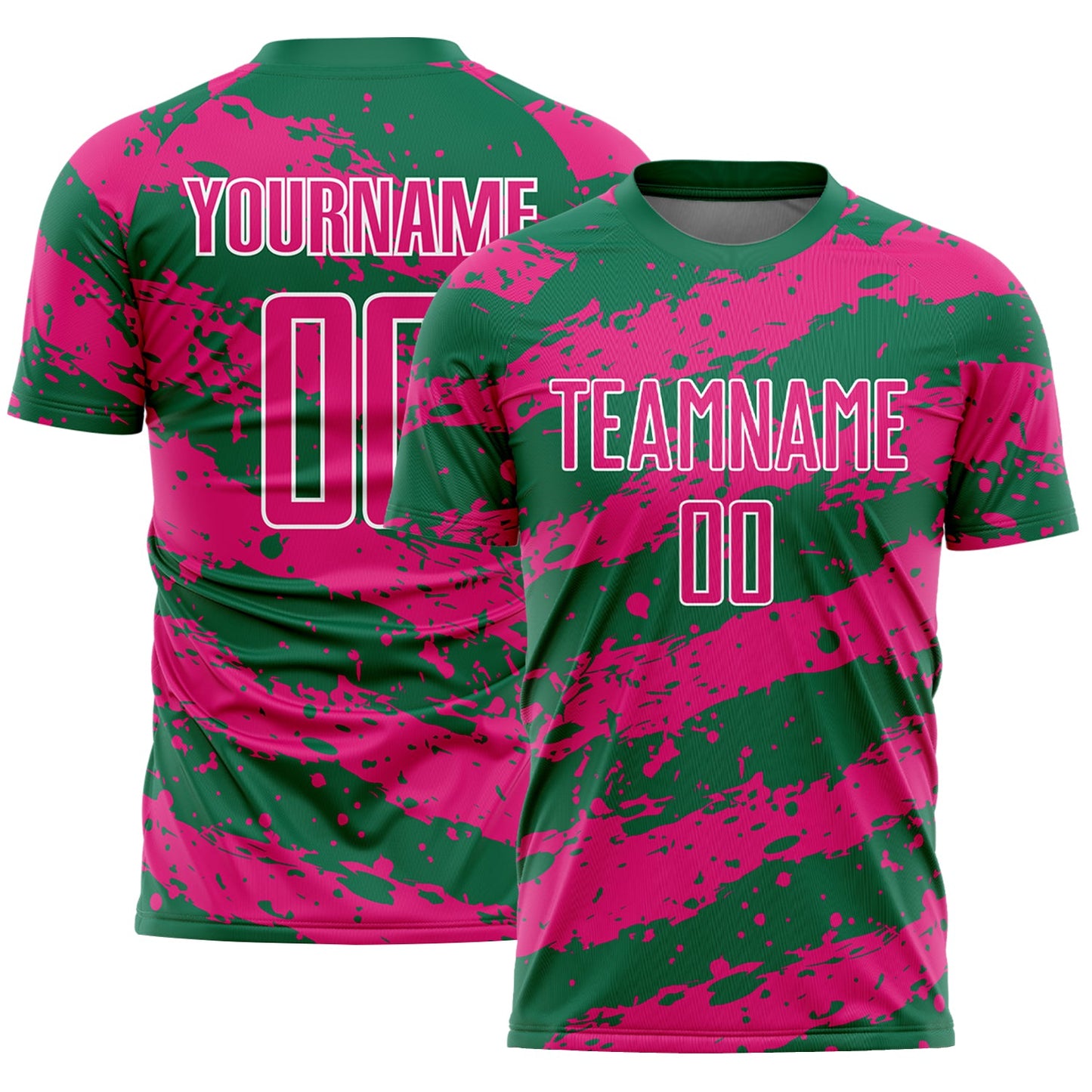 Camiseta de fútbol personalizada con sublimación de color rosa intenso y blanco Kelly Green