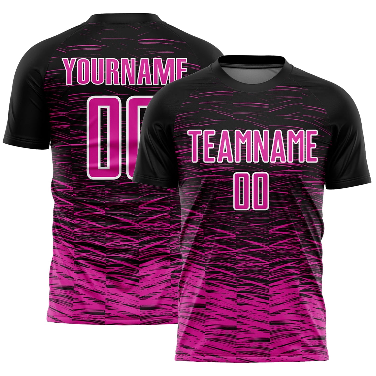 Camiseta de fútbol personalizada con sublimación de líneas en negro, rosa intenso y blanco