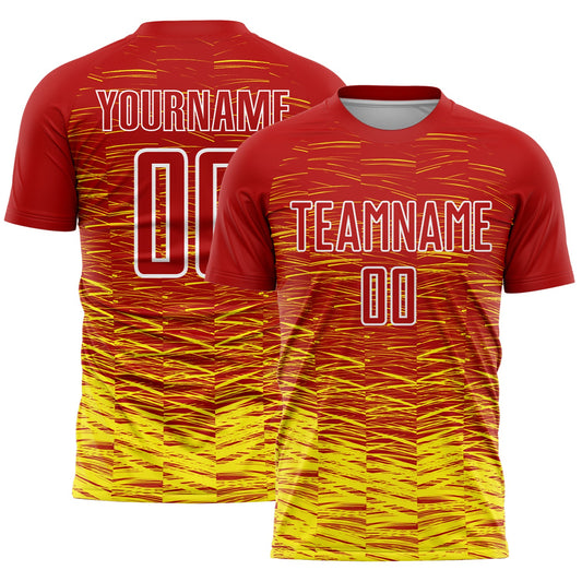 Camiseta de fútbol personalizada con sublimación de líneas rojo, amarillo claro y blanco