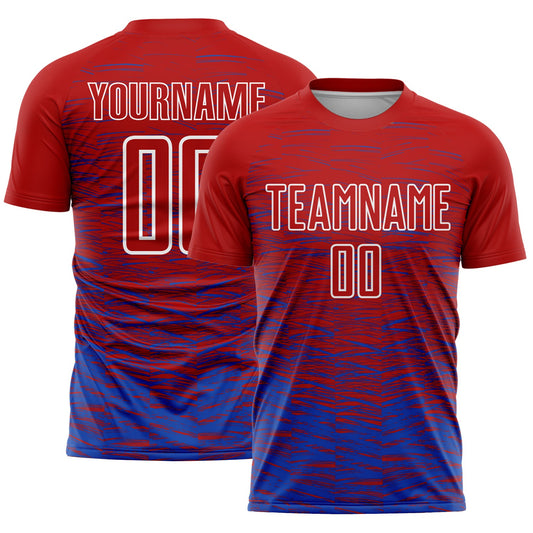 Camiseta de fútbol personalizada con sublimación de línea azul trueno rojo y blanco