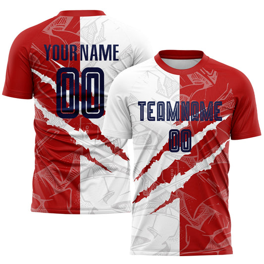 Camiseta de fútbol de EE. UU. con sublimación rascable, diseño de grafiti personalizado, color azul marino y rojo