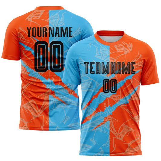 Camiseta de fútbol personalizada con estampado de grafiti, color negro, azul cielo y naranja, para rascar por sublimación