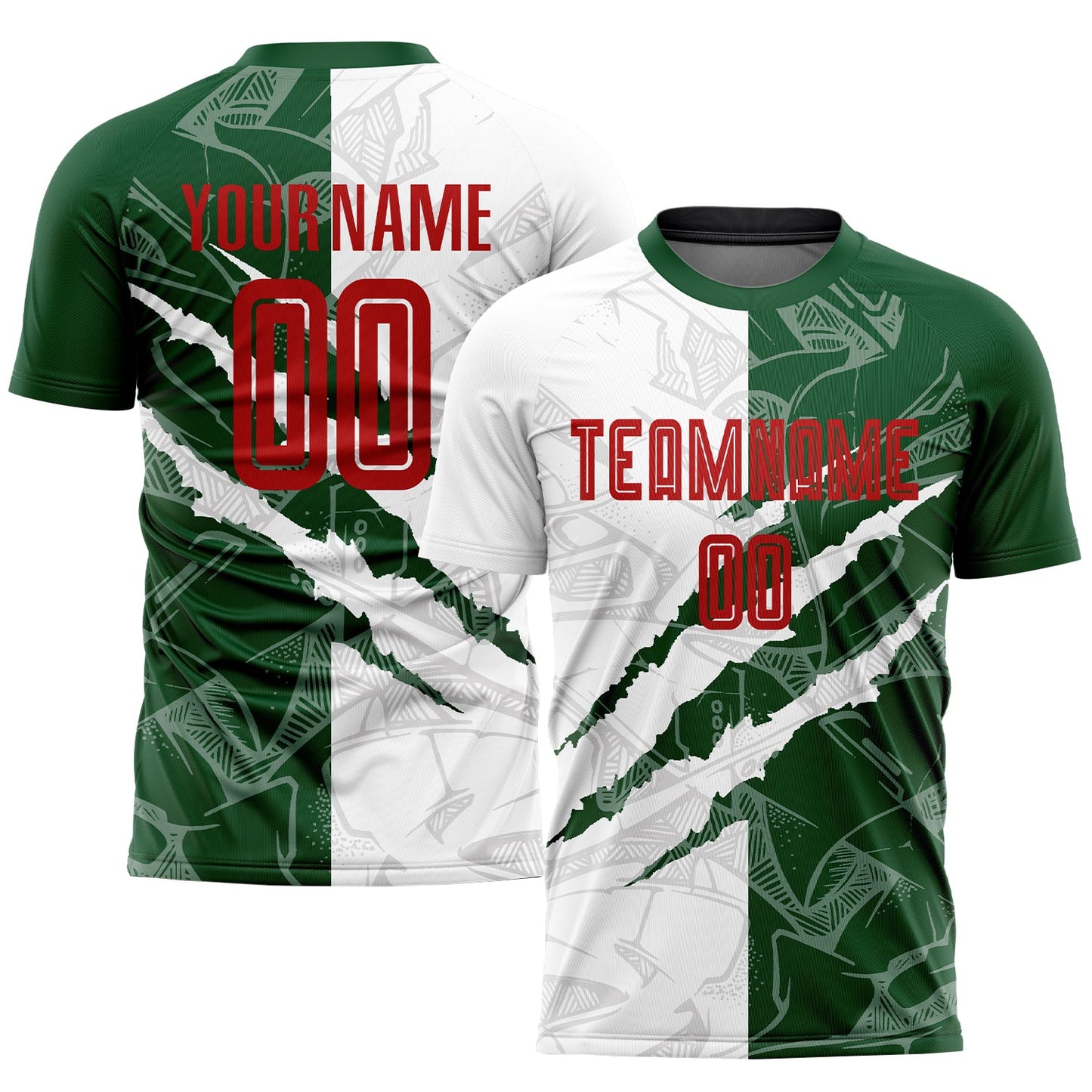 Camiseta de fútbol personalizada con estampado de grafiti, color rojo y verde, para rascar y sublimación