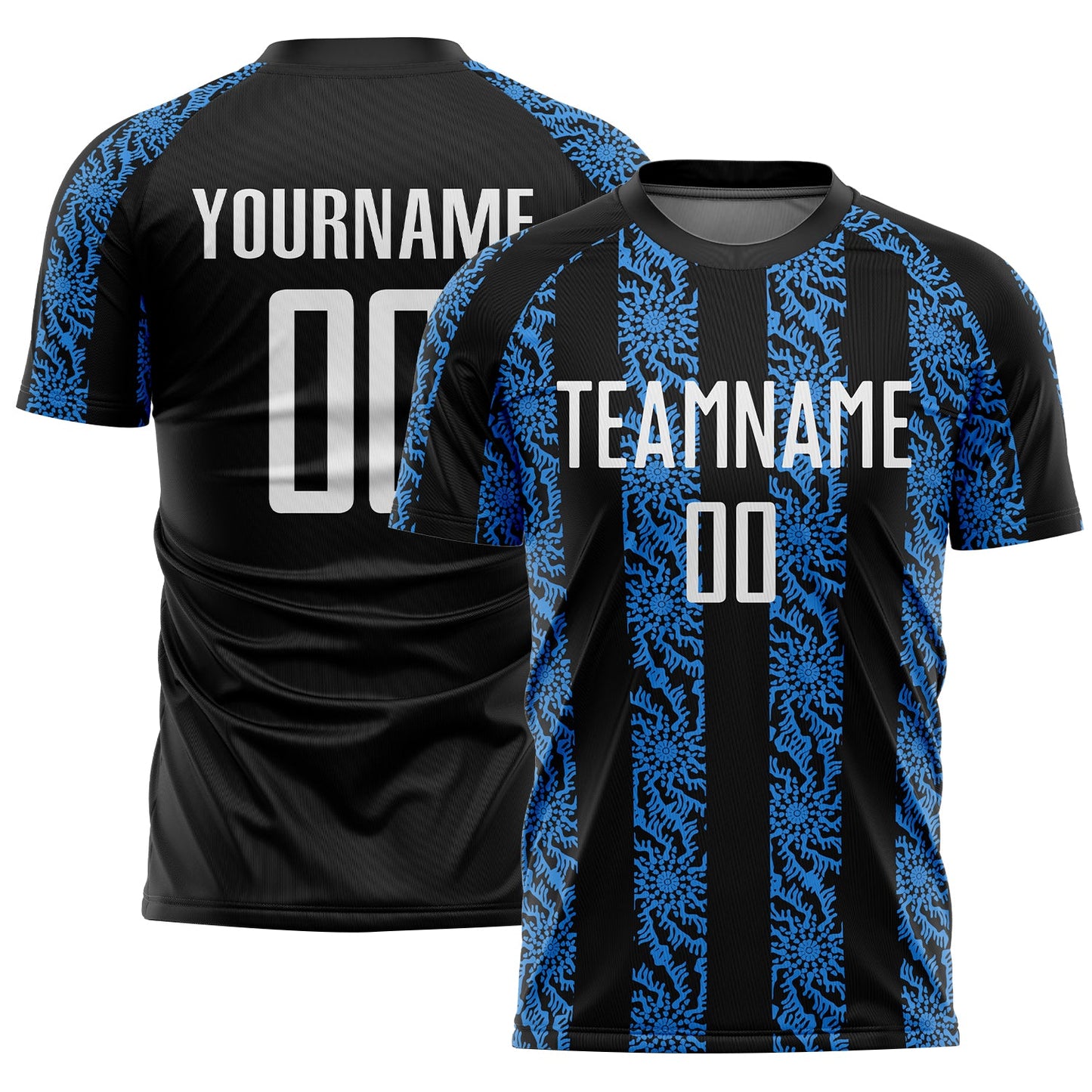 Camiseta de fútbol personalizada con sublimación de formas abstractas en negro, blanco y azul polvo.