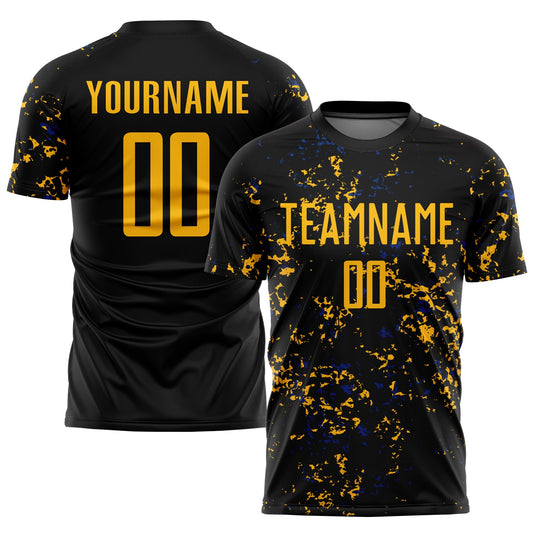 Camiseta de fútbol personalizada con sublimación de fragmentos abstractos en negro dorado y azul real
