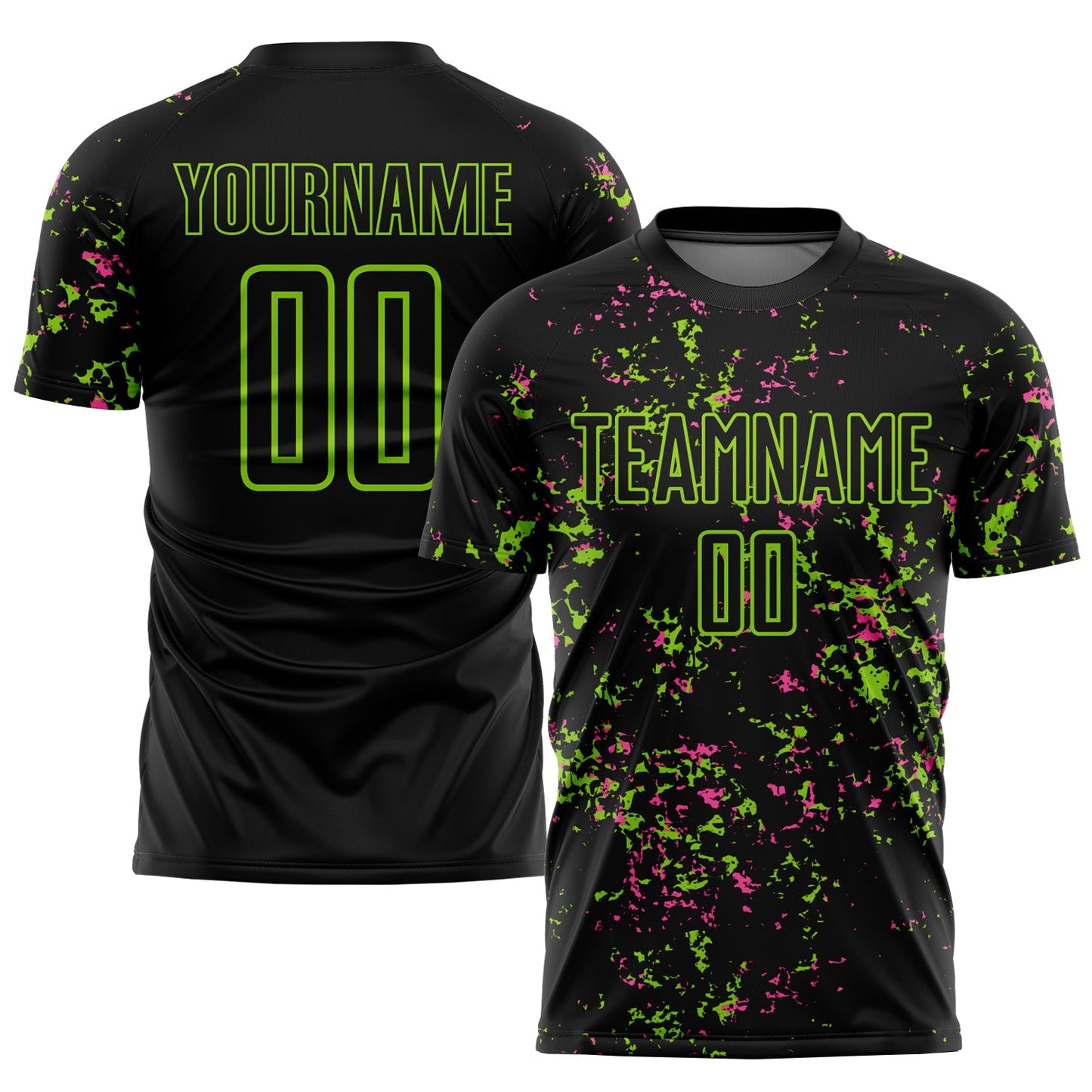 Camiseta de fútbol personalizada con sublimación de fragmentos abstractos en negro, verde neón y rosa