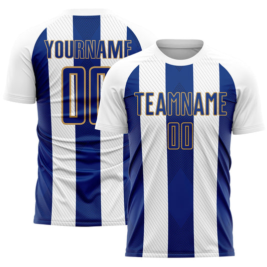 Camiseta de fútbol personalizada de sublimación, línea Royal-Old Gold, color blanco