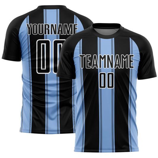 Camiseta de fútbol personalizada con sublimación de líneas azul claro y blanco y negro