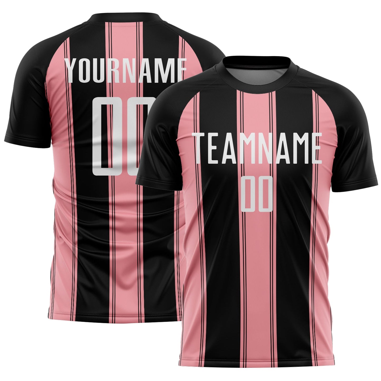 Camiseta de fútbol personalizada con sublimación de líneas en negro, blanco y rosa medio