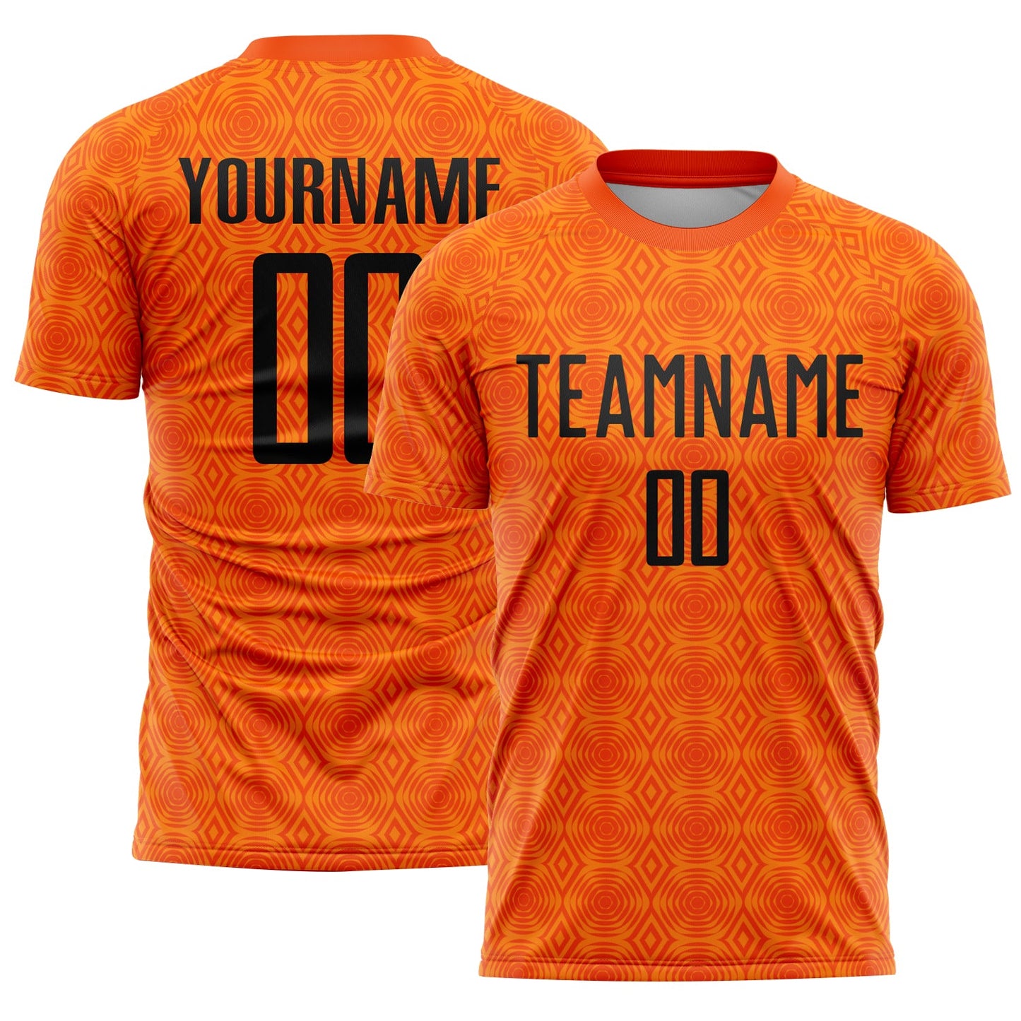Camiseta de fútbol personalizada con sublimación de formas geométricas naranja, negra y naranja bahía