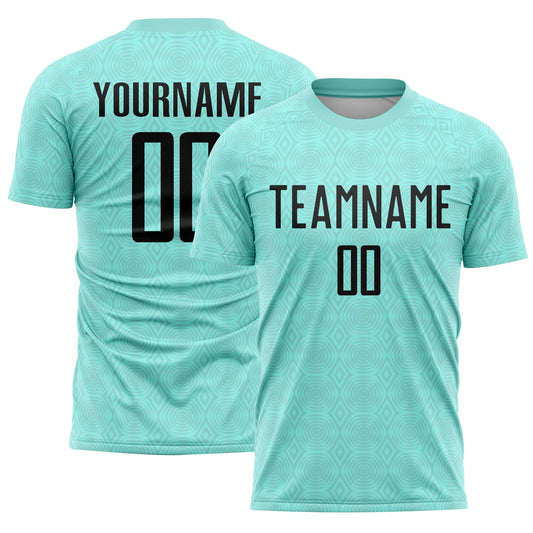Camiseta de fútbol personalizada con sublimación de formas geométricas en azul hielo y negro