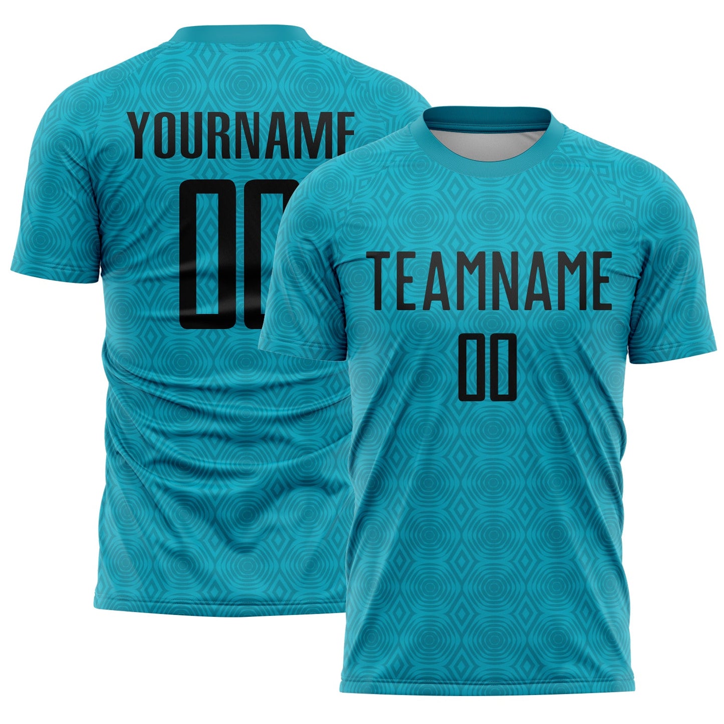 Camiseta de fútbol personalizada con sublimación de formas geométricas en verde azulado y negro