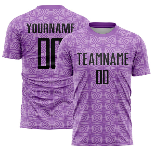 Camiseta de fútbol personalizada con sublimación de formas geométricas en morado medio, negro y morado claro