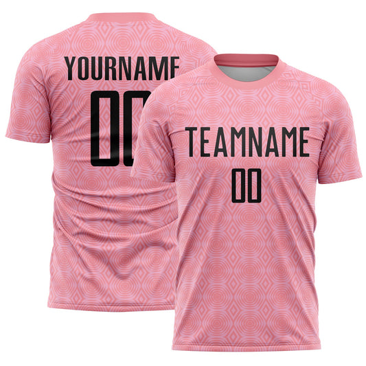 Camiseta de fútbol personalizada con sublimación de formas geométricas en rosa medio, negro y rosa claro