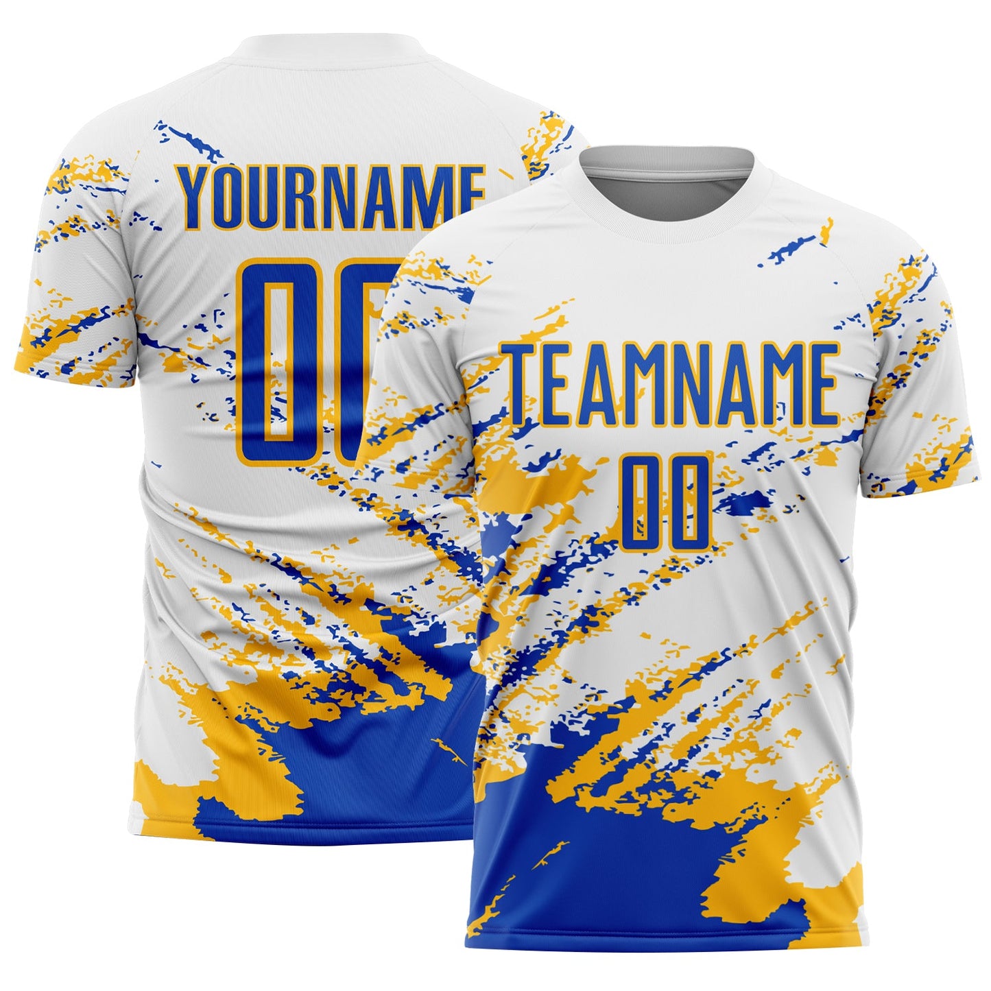 Camiseta de fútbol personalizada con sublimación de fragmentos abstractos en azul trueno blanco y dorado