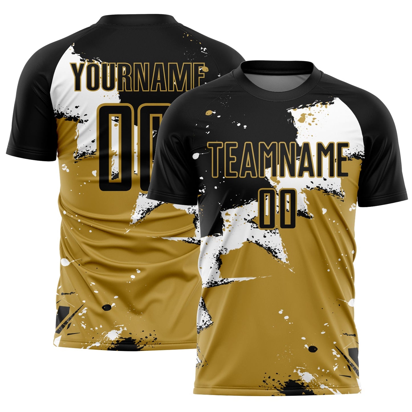 Camiseta de fútbol personalizada con sublimación de salpicaduras en negro, blanco y oro viejo