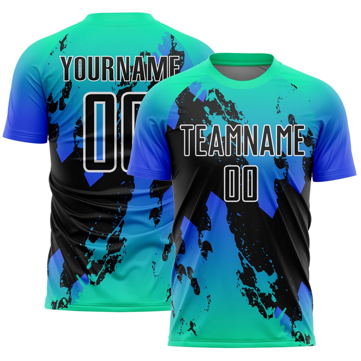 Camiseta de fútbol personalizada con sublimación de salpicaduras en negro aguamarina y azul trueno