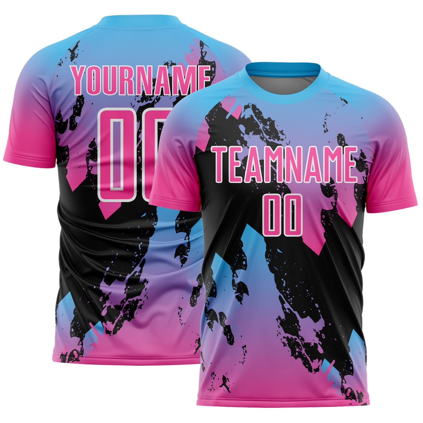 Camiseta de fútbol personalizada con sublimación de salpicaduras rosa, azul cielo y negro
