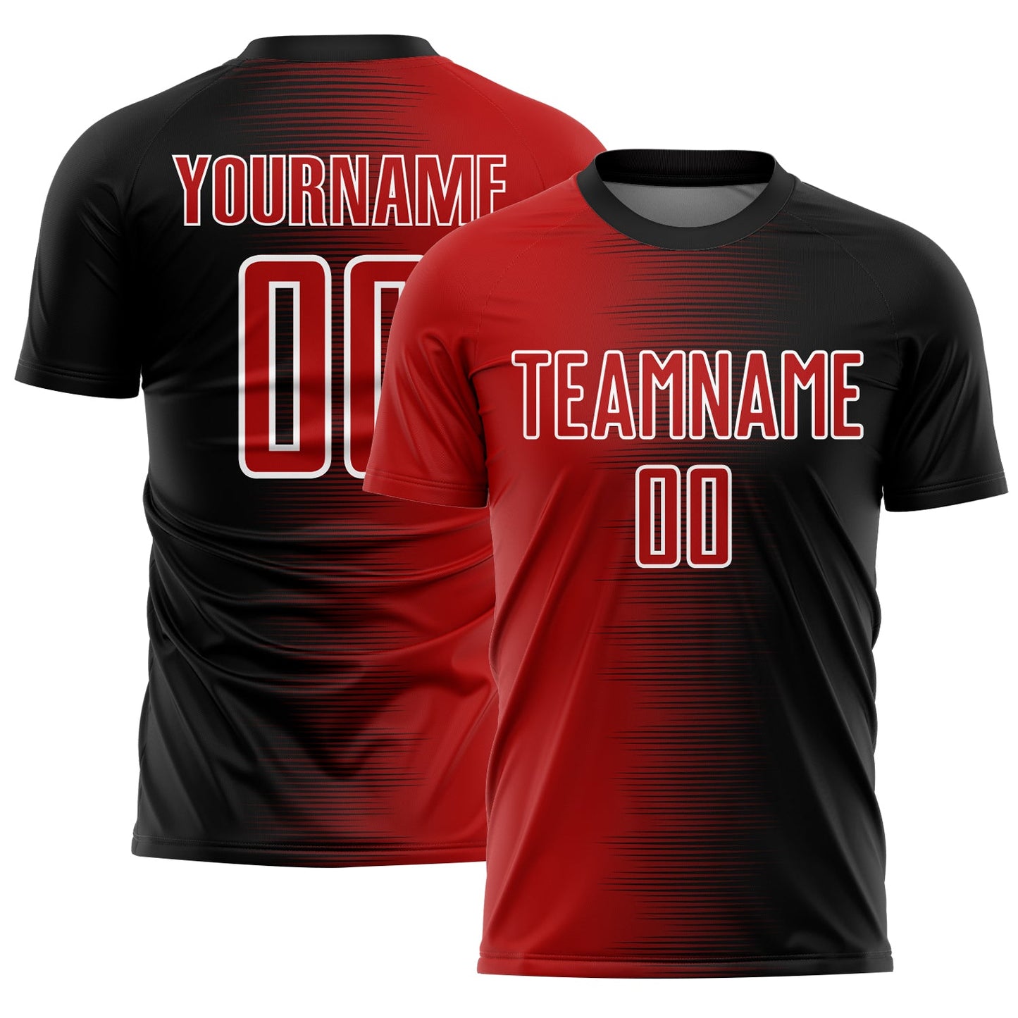 Camiseta de fútbol personalizada con sublimación de líneas degradadas en negro, rojo y blanco
