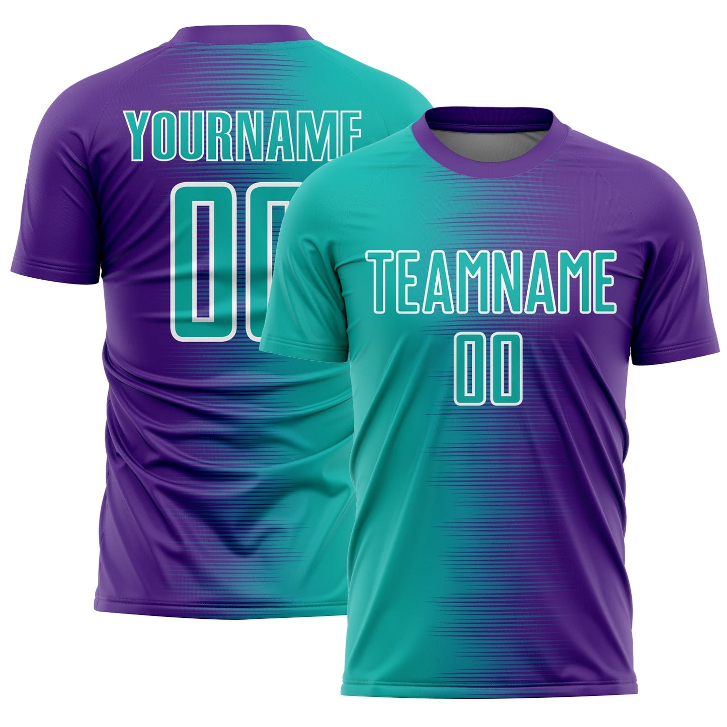 Camiseta de fútbol personalizada con sublimación de líneas degradadas en morado y blanco aguamarina