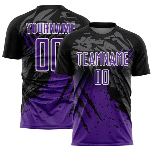 Camiseta de fútbol personalizada con degradado negro, morado y blanco, con sublimación de salpicaduras y rayones