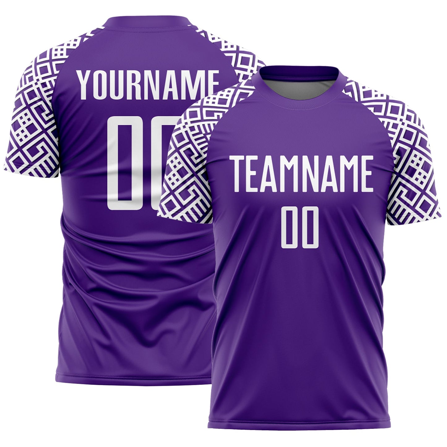 Camiseta de fútbol personalizada con sublimación de formas geométricas en morado y blanco