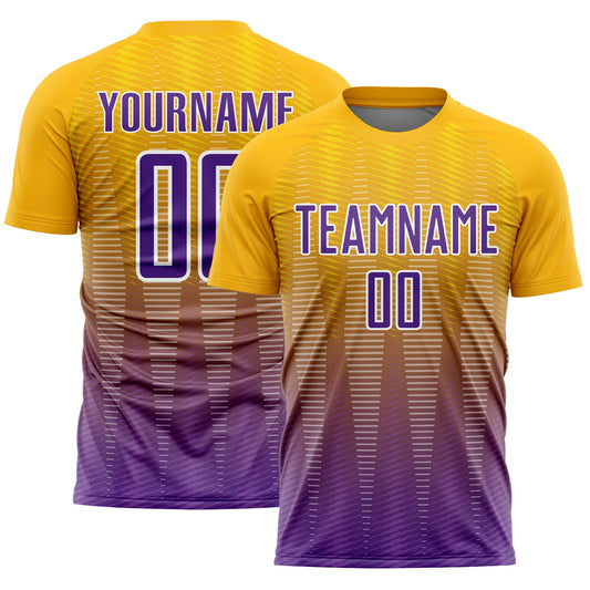 Camiseta de fútbol personalizada con sublimación de líneas degradadas en dorado, morado y blanco