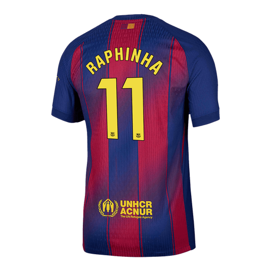 Camiseta de fútbol local auténtica de RAPHINHA #11 del Barcelona 2025/26, roja y azul