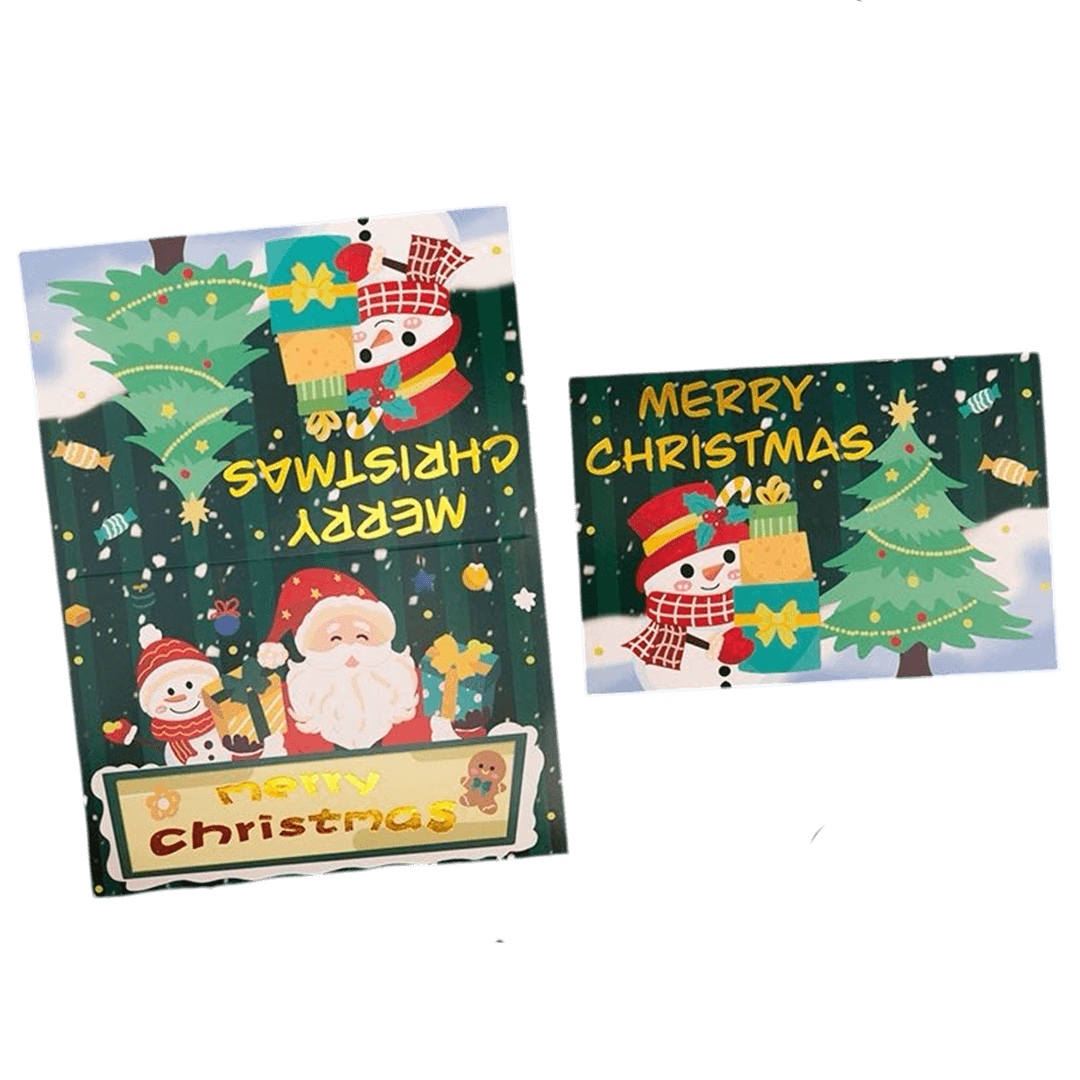 Tarjeta de Navidad personalizada: Muñeco de nieve con regalos. Mensaje personalizado.