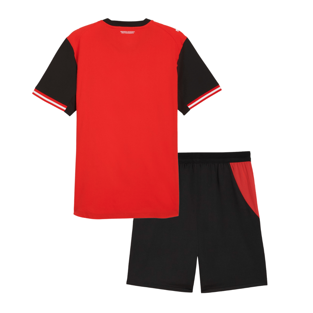 Equipación infantil de la selección de fútbol de Austria (camiseta + pantalón corto) para el Mundial de 2026, color rojo.