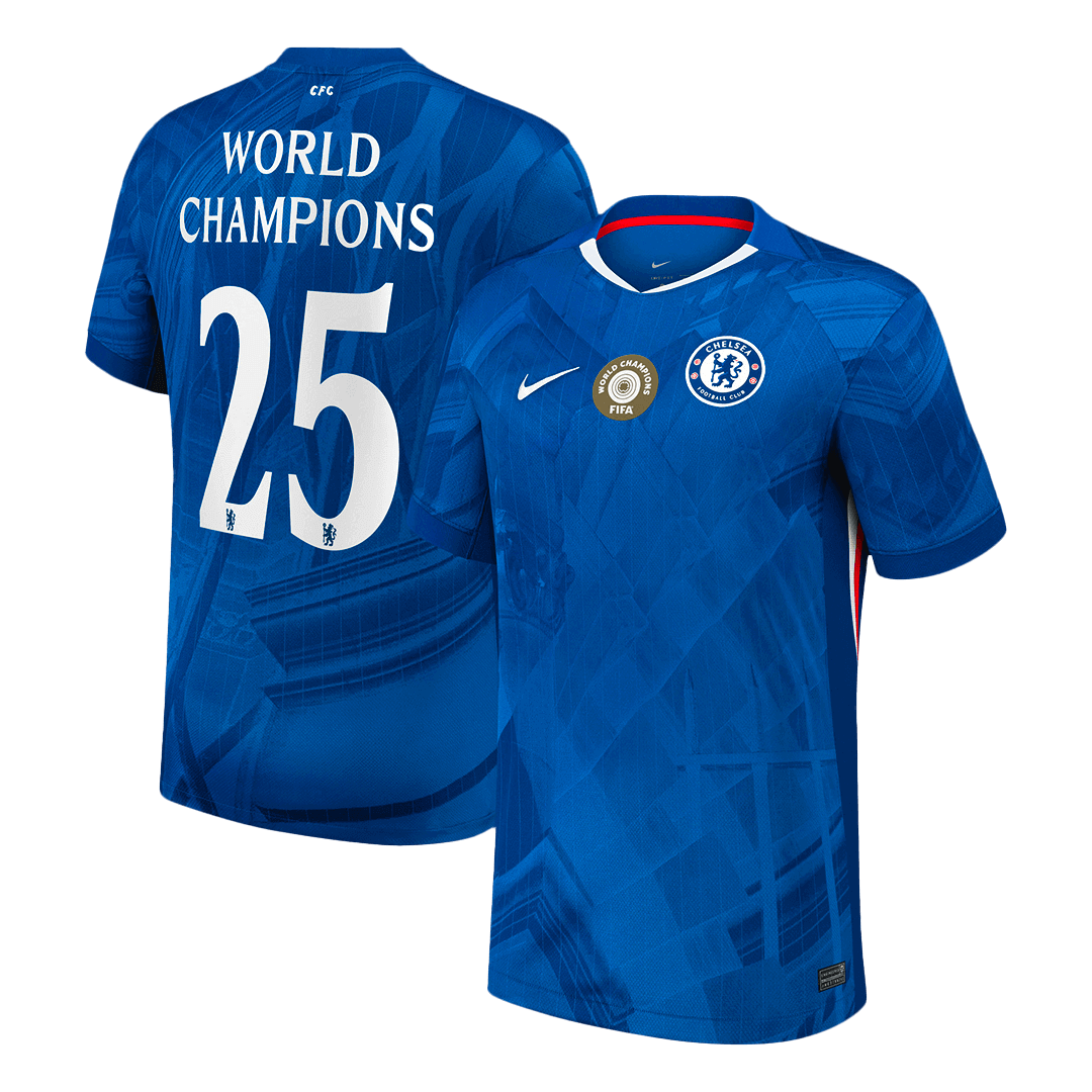 Camiseta de fútbol local del Chelsea #25 CAMPEÓN MUNDIAL 2025/26 Azul - con escudo en el pecho