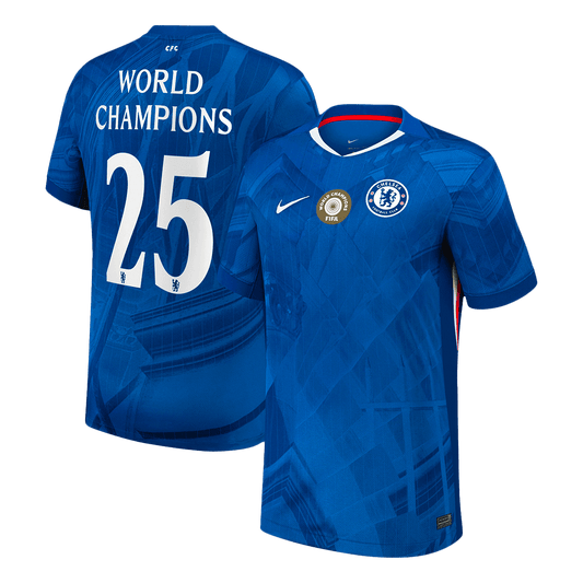Camiseta de fútbol local del Chelsea #25 CAMPEÓN MUNDIAL 2025/26 Azul - con escudo en el pecho