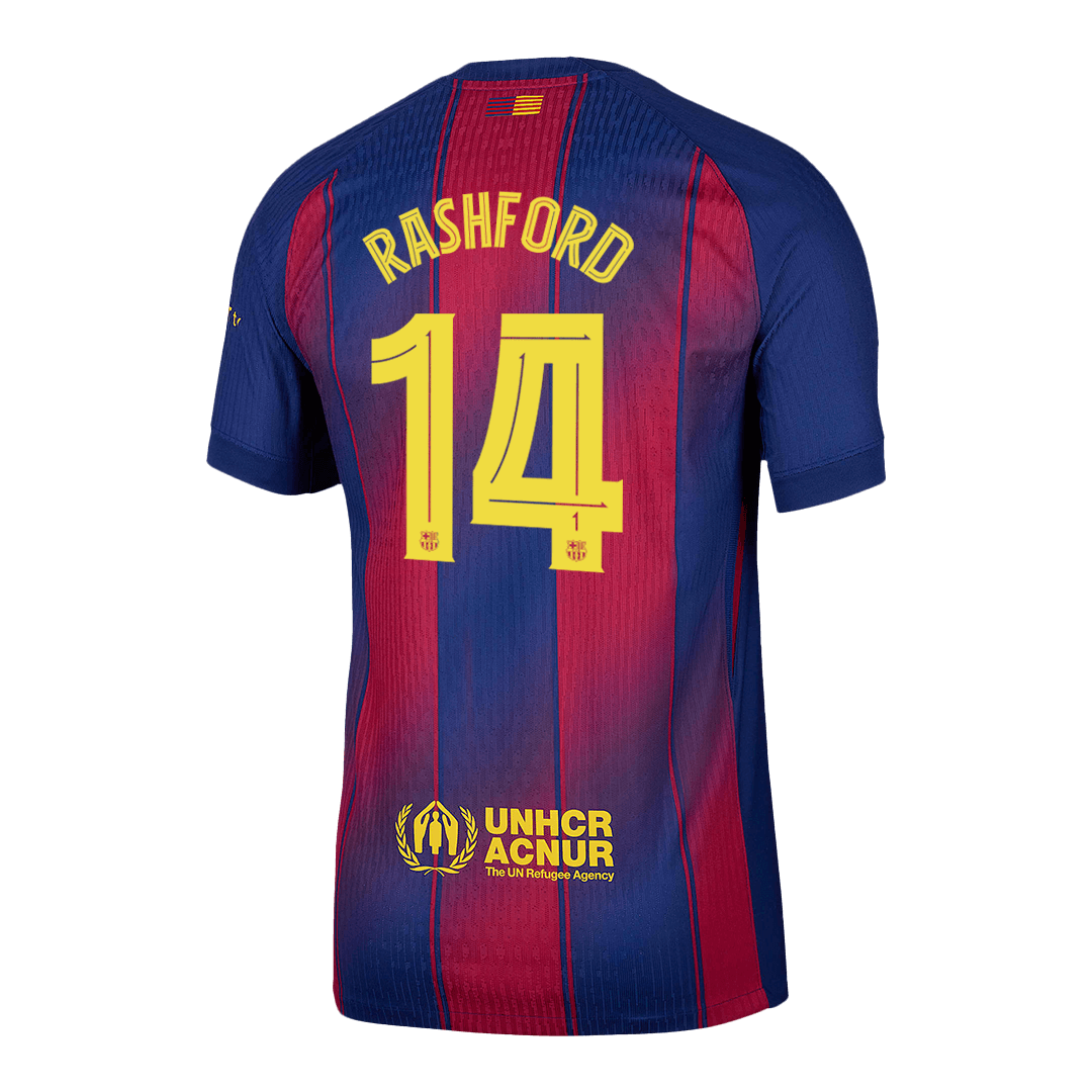 Camiseta de fútbol local auténtica del Barcelona 2025/26, RASHFORD #14, roja y azul - UCL