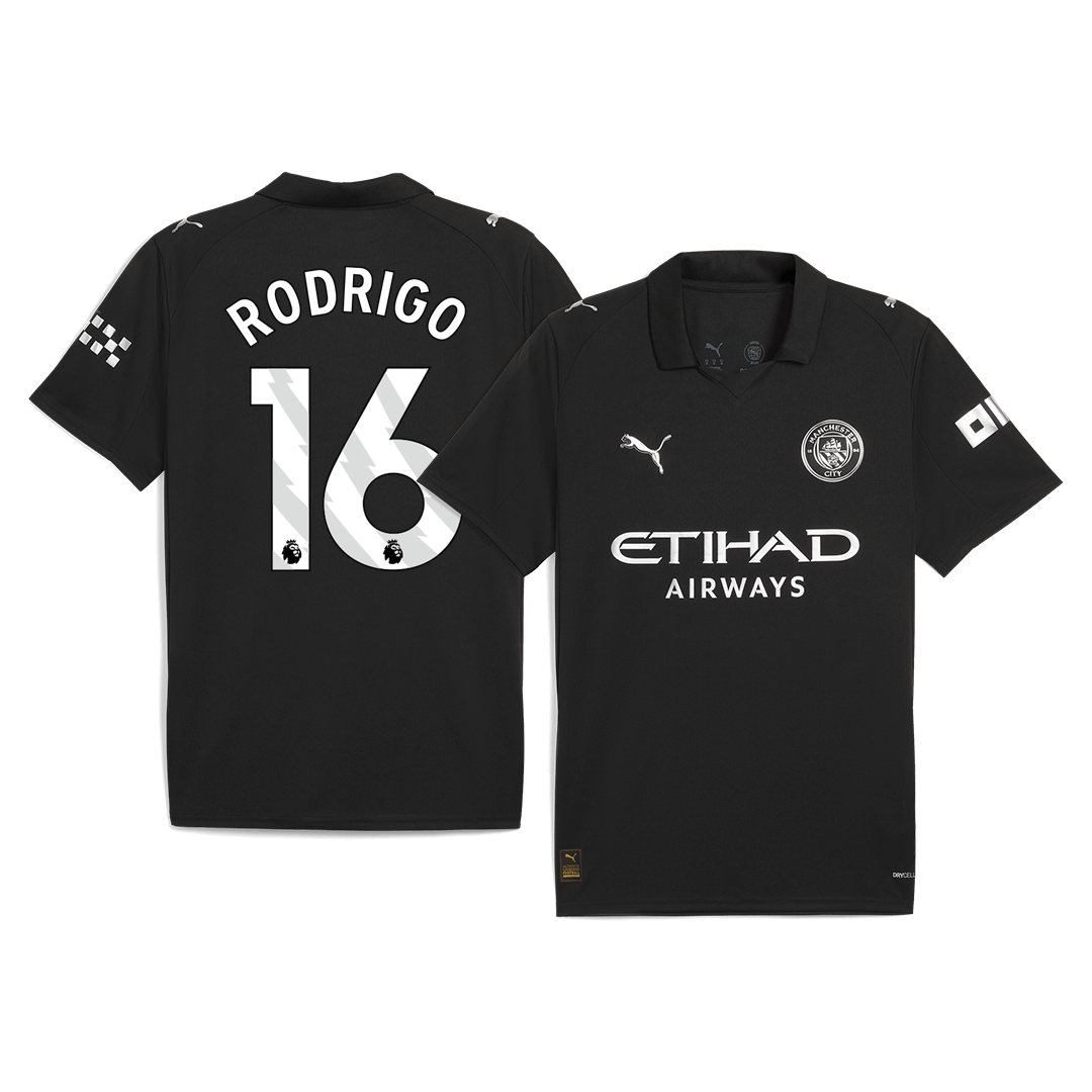 Camiseta de fútbol visitante RODRIGO #16 del Manchester City 2025/26, negra